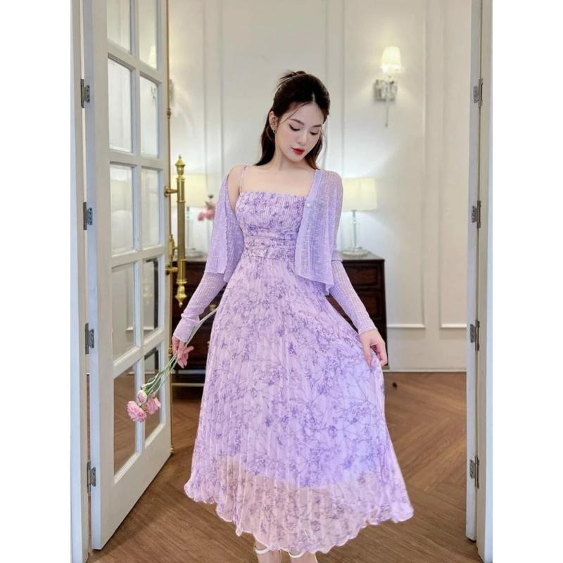 Đầm xoè voan hoa 2 dây dập ly kèm áo khoác siêu xinh V086 Dress 3