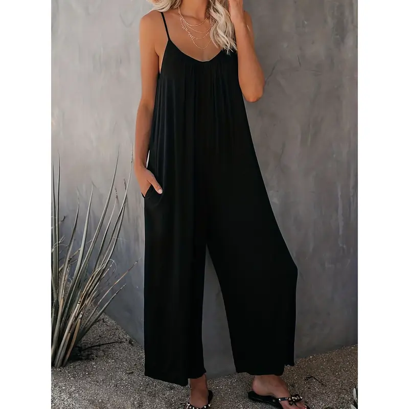 Plus Size Basic Jumpsuit, Women's Plus Solid V Neck Wide Leg Summer Cami Jumpsuit 8
