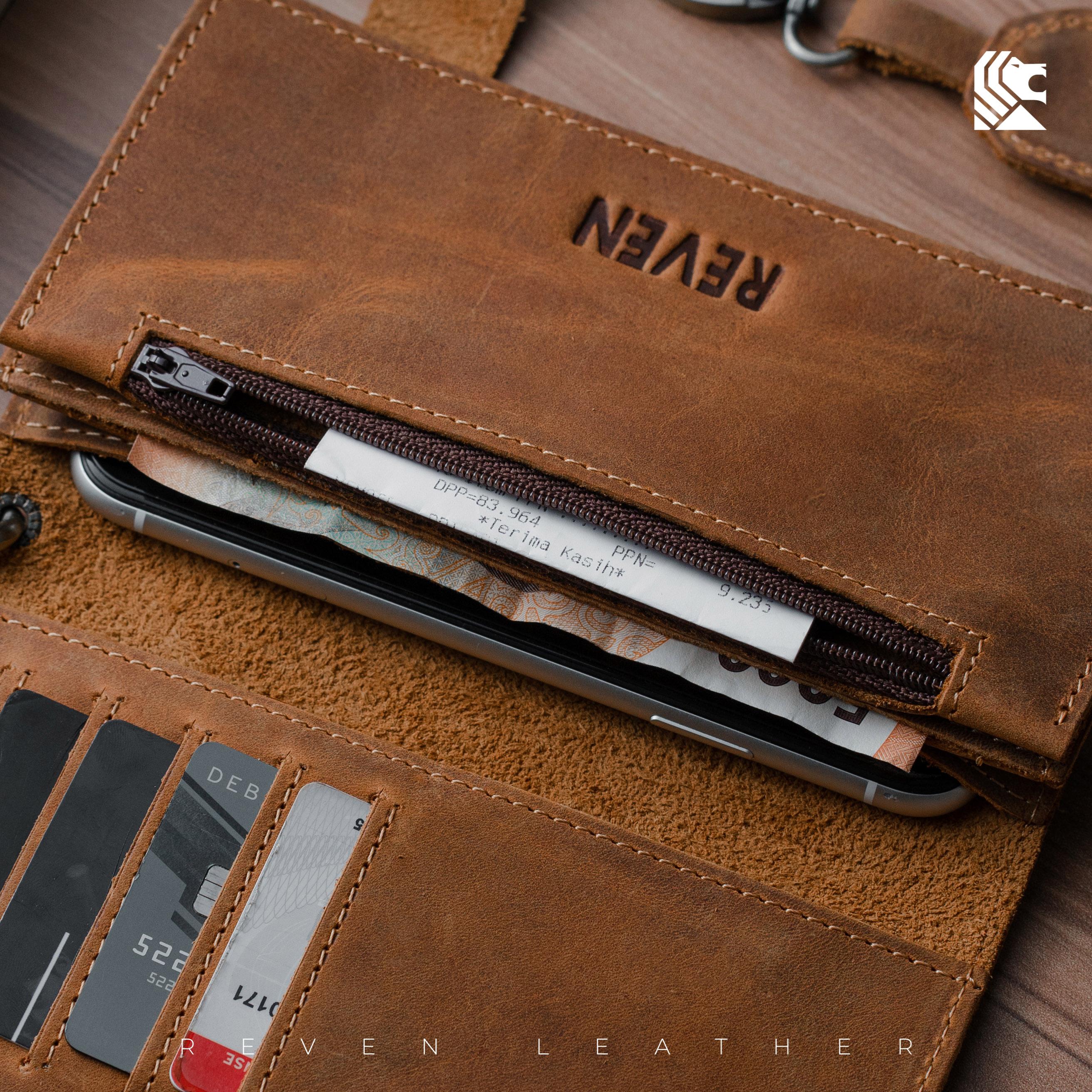 REVEN Bontage Dompet Panjang Lipat 2 Pria Kulit Asli Crazy Horse Klasik Keren Total 9 Slot Ruang Koin Resleting Kancing Klip Pouch HP Rantai Pengaman Untuk Motoran Gaya Cowok