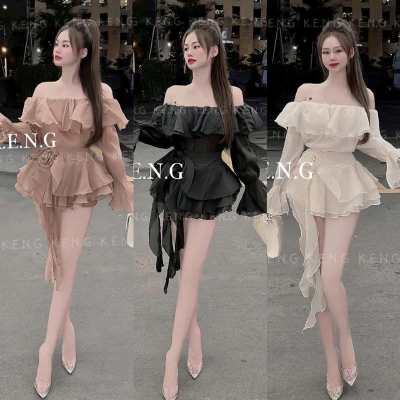 Set áo trễ vai xinh đẹp tay dài bèo ngực kèm chân váy tầng xoè tua rua váy đi chơi, đi tiệc Women Kem Dress Top Polo