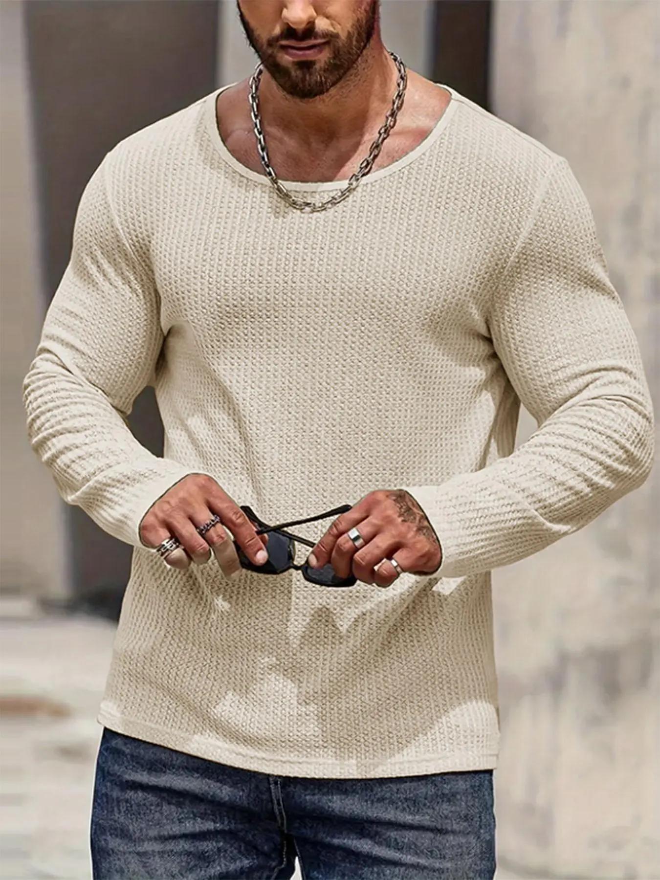 Men's Solid Long Sleeve Crew Neck T-shirt, Casual Regular Fit Round Neck T-shirt for Spring & Fall, Fashion Men's Clothes for Daily Wear