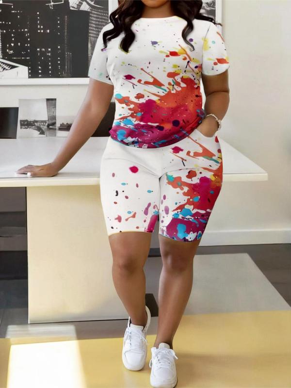 Plus Size Two-Piece Set Colorful Graffiti Print Tee & Elastic Waist Shorts Two-Piece Set, Casual Round Neck Short Sleeve T-shirt & High Waist Shorts, Women's Outfits for All Seasons 4