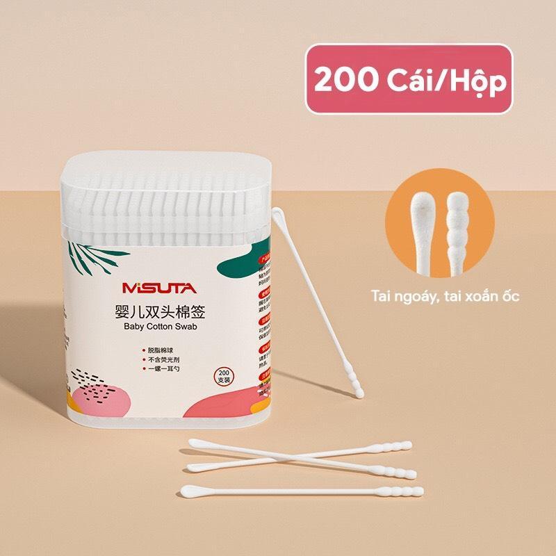 Tăm bông trẻ em Misuta kháng khuẩn hộp 200 400 que lõi giấy cho bé sơ sinh ngoáy tai mũi