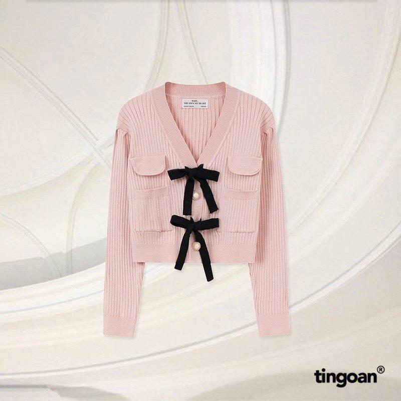 TINGOAN - Áo len xù dáng lửng đính 2 nơ đen cúc ngọc LOVE YOU VERY MUCH TOP PK