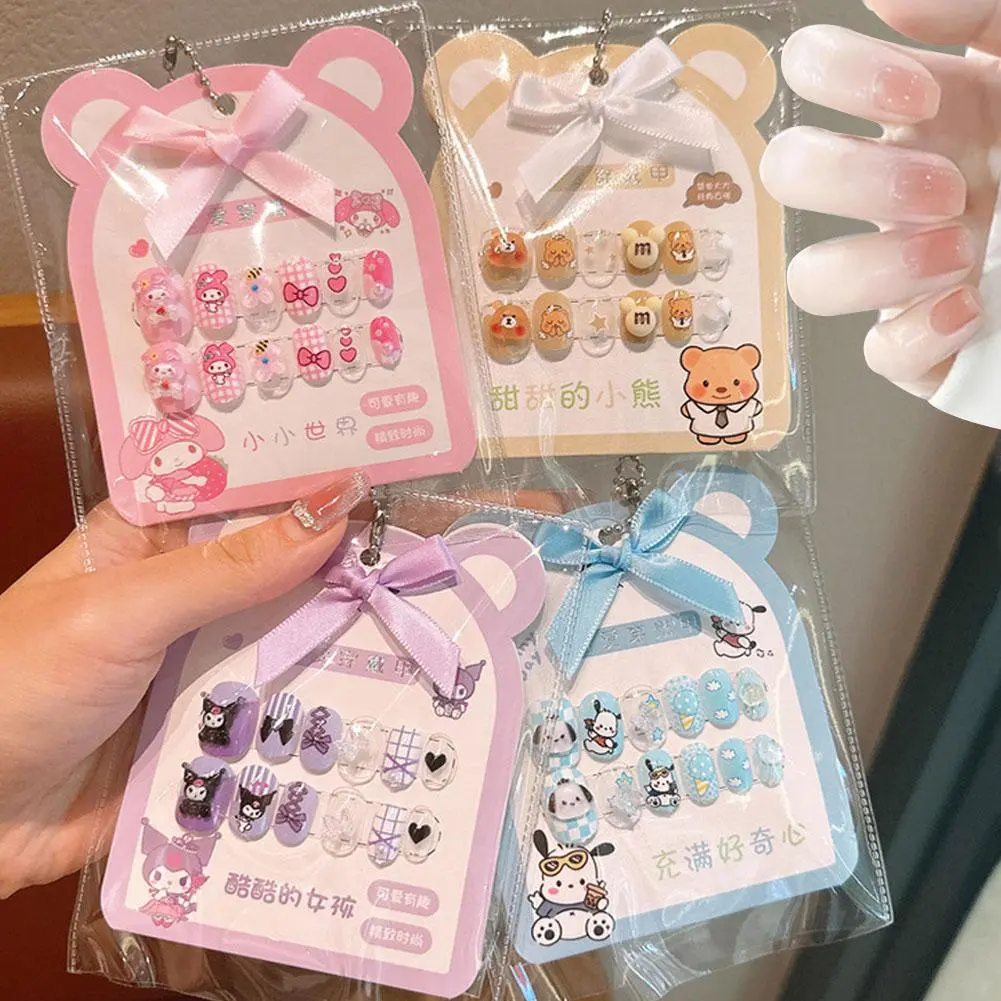 12pcs/Set Kawaii Kuromi Children's Short Fake Nails Child Cartoon Reusable False Nails For Girls