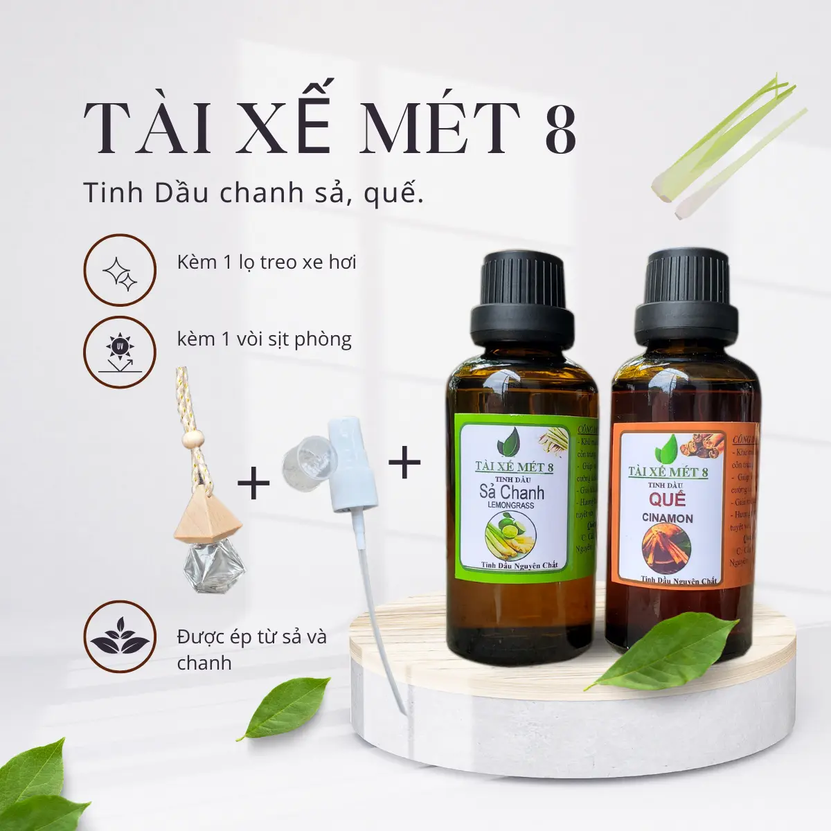 Combo tinh dầu chanh sả, quế  lọ to + lọ treo xe + vòi sịt khử mùi thanh lọc không khí , giảm say xe