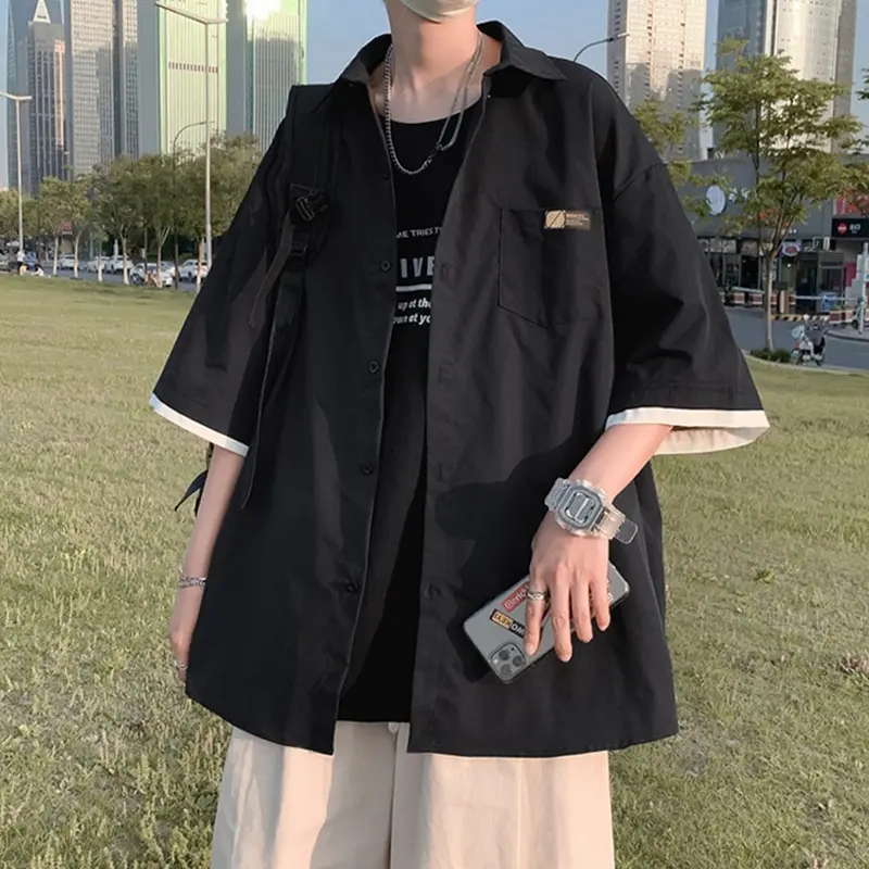 Kemeja pria lengan pendek korean style oversize kemeja hitam cowok kasual kemeja batik longgar kemeja panel pria kaos couple pasangan kemeja polos korea Premium Impor kemeja2023 Remaja 1