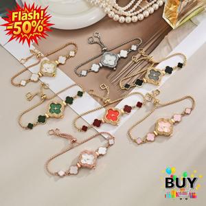 นาฬิกาโคลเวอร์สี่ใบ ดีไซน์ประณีต สำหรับผู้หญิง สร้อยข้อมือปรับได้ การเคลื่อนไหวควอทซ์ หน้าปัด Rhinestone ของขวัญเครื่องประดับ มีสีขาว สีดำ สีแดง สีเขียว สีชมพู และสีเงิน