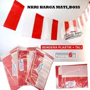 PROMO KEMERDEKAAN....Bendera merah putih plastik pakai tali tebel isi 400/10 pak renteng plastik plus TALI panjang 70 mtr