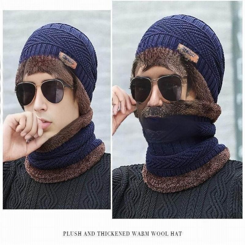 Product Introduction of Men's Winter Outdoor Sports Hat, 2 Counts/set Knitted Hat with Scarf, Warm Earmuffs Knitted Hat, Outdoor Men's Hat 2