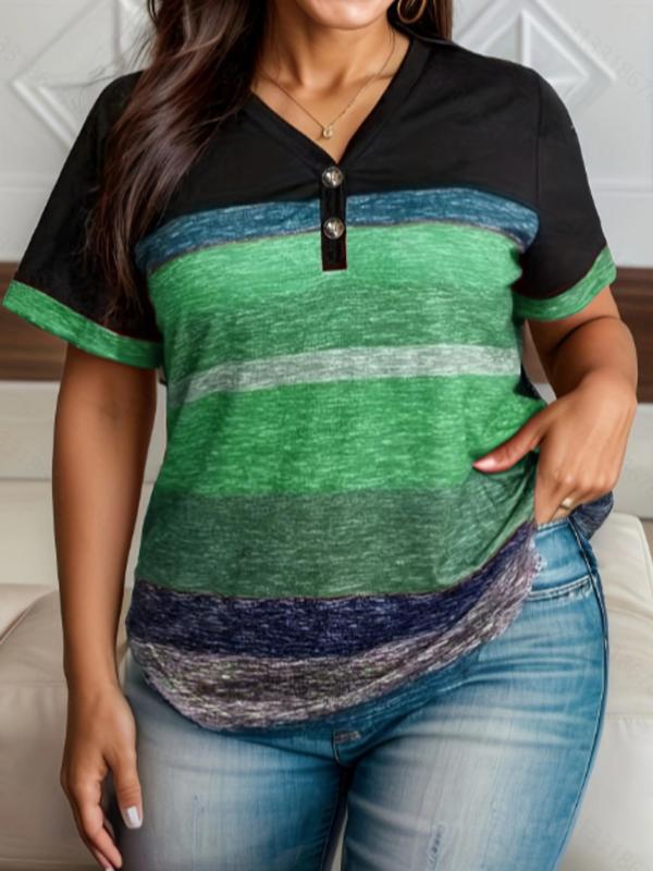 Plus Size Patchwork Button Front V Neck Tee, Casual Short Sleeve T-shirt for Summer, Women's Plus Clothing for Daily Wear 3