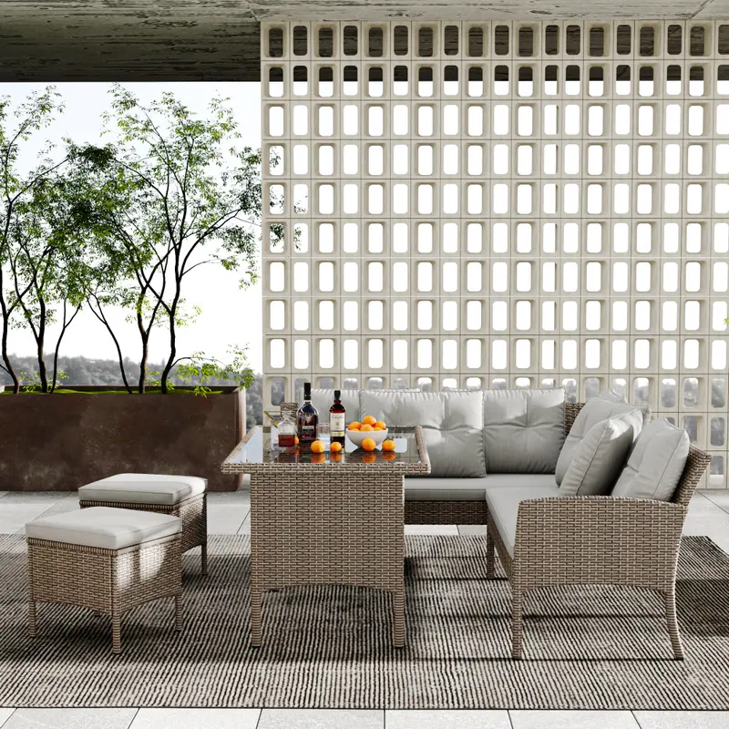 6-7 Seater Rattan Corner Sofa Set with Coffee Table - Mixed Khaki Wicker Garden Furniture - All-Weather Patio Set with Removable Light Cushions Chairs Couches 1