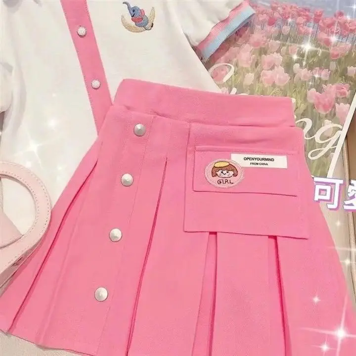 Setelan Anak Perempuan Import Model Rok Kancing Lipat Lengan Karet Balon Kerah Pita Lucu Fashionable 4