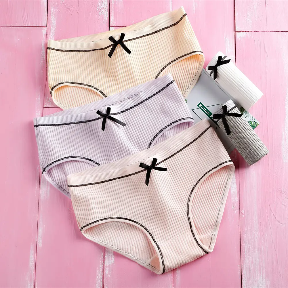 [mfttuget]Sweet Girls Solid Color Bowknot Low Waist Ribbed Panties Cotton Briefs Underwear