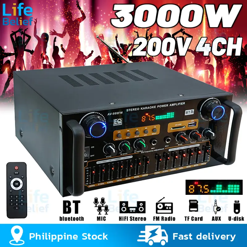220V 3000W AV-999FM Home Stereo Audio Amplifier Bluetooth 4CH EQ Wireless With Mixer Equalizer Button Cable Digital Remote Control Microphone Button Cable Card Clip Recording Subwoofer Usb Smartphone Card Clip Iron watts