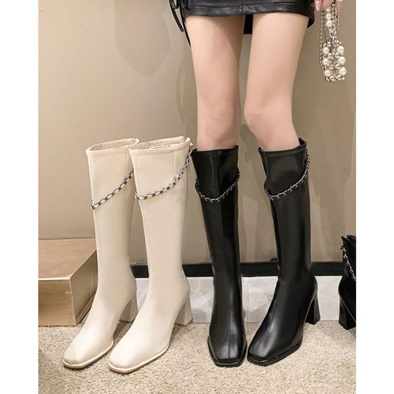 (S220) Bốt đùi nữ khóa dây xích sau gót cao 7 phân (Mã 8815 - CỔ THẲNG) Shoes GiàY Boot Cổ Cao Jean Nhung boot  nữ