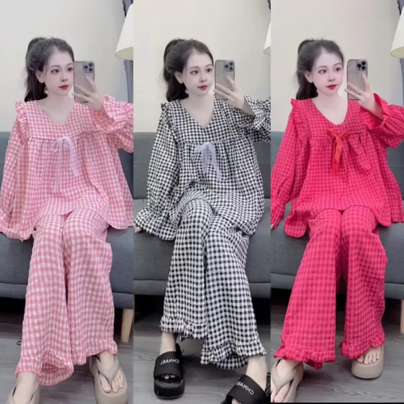 Đồ bộ karo babydoll nữ chất cotton xốp mềm mịn mặc nhà tiểu thư bánh bèo siêu xinh Women Quần Ngủ Áo 0