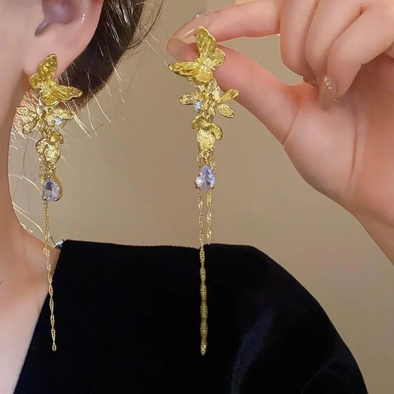 New Chinese Style Butterfly Tassel Earrings 2024 New Popular Light Luxury High-Grade Retro Chinese Style Exaggerated Long Earrings