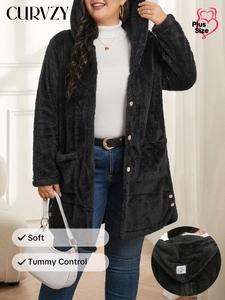 CURVZY Plus Size Solid Button Front Drop Shoulder Flannelette Hooded Coat, Casual Long Sleeve Pocket Outerwear for Fall & Winter, Women's Clothes for Daily Wear
