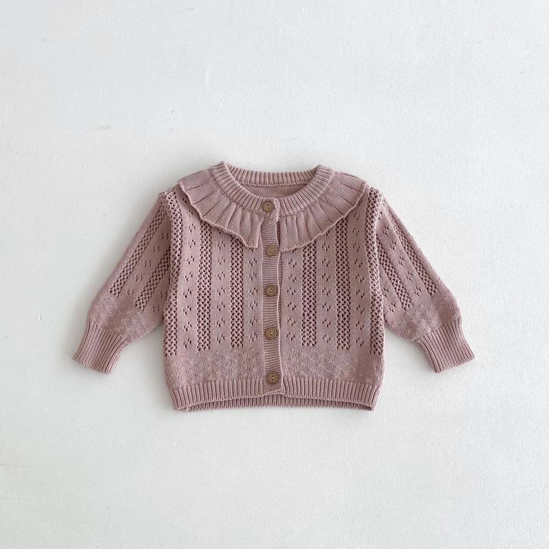 Product Introduction of Korean Baby Girl Autumn Hollow Out Sweater Cardigan Kids Fashion Cotton Ruffle Collar Knitted Jacket Spring Solid Outerwear Coat 17
