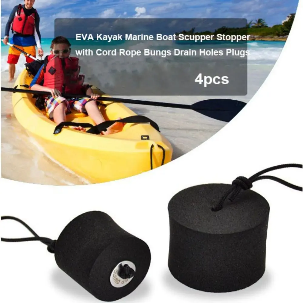 4pcs High Quality EVA Kayak Marine Boat Scupper Stopper with Cord Rope Bungs 2 Sizes Paddle Drip Rings Black Kayak Accessory
