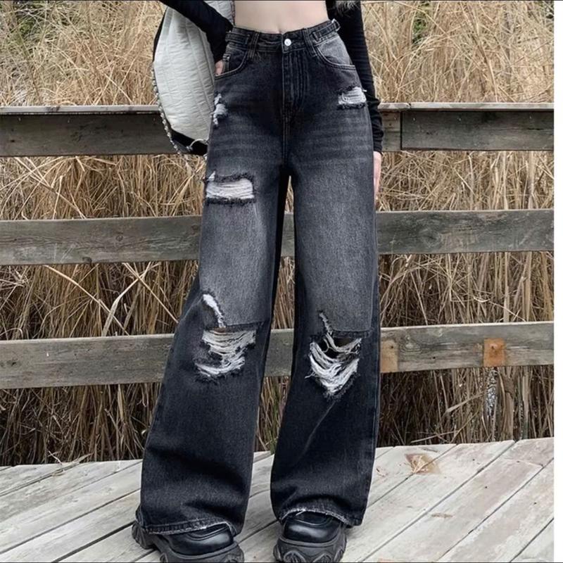 Quần bò nữ cạp cao dáng xuông 0700 màu đen rách cá tính, cạp cao hách dáng - Women, Pants Jean 1
