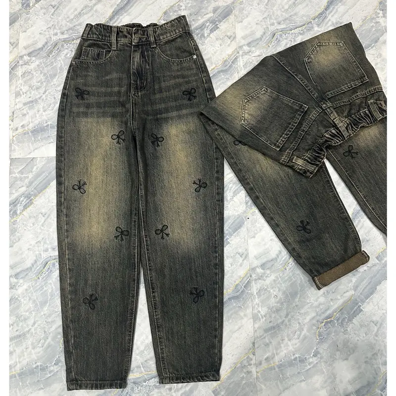 [003] Quần Jeans Baggy QC Lưng Chun Thêu Nơ Trơn Không Co Giãn 3