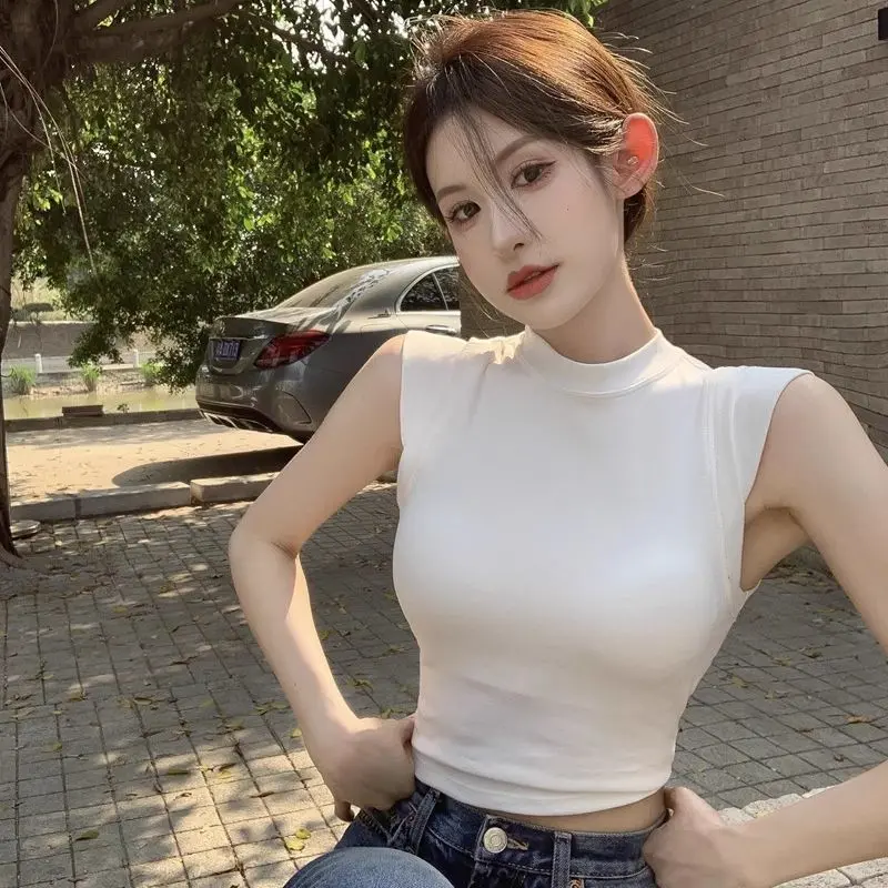 White sleeveless off-shoulder T-shirt for women in summer slim and sexy pure round neck small flying sleeves short top