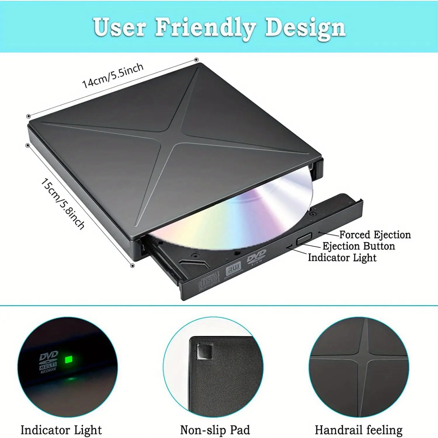 Black External DVD Drive Usb 3.0/Type-C Burnerwith 3 USB Ports And TF/SD Card Slots, Suitable For Laptop/Computer