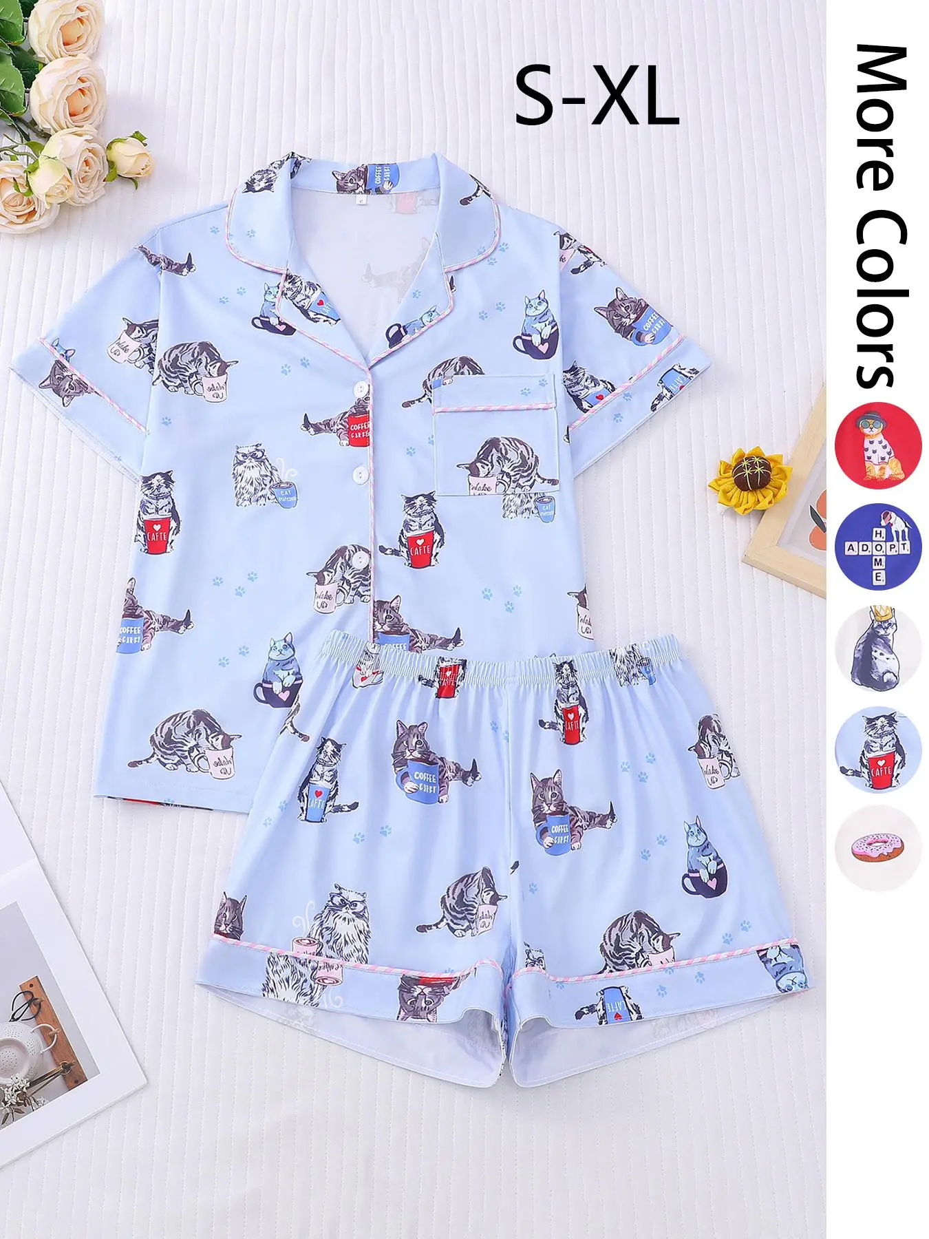 Women's All Over Cat & Dog Print Pajama Two-piece Set, Casual Comfy Short Sleeve Tee & Shorts PJ Set, Ladies Sleepwear for All Seasons, Loungewear