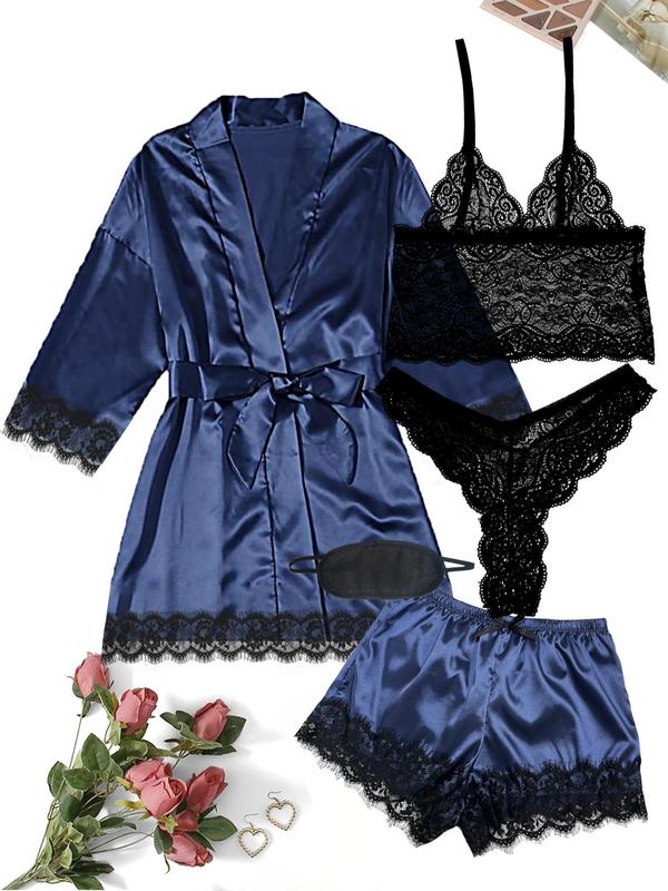 5 Counts Women's Contrast Lace Satin Pyjama Set, Casual Cami Top & Thong & Belted Wrap Lounge Robe & Bow Elastic Waist Shorts & Eye Mask Set, Pajama Sets Women, Lounge Sets, Women's Loungewear Set, Bedroom Pajamas for Married Women, Nightwear 2