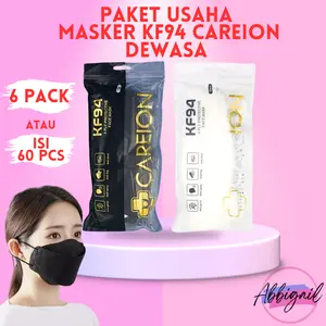 ABBIGAIL 6 PACK (60 PCS) PAKET BUNDLE HEMAT MASKER KF94 KF 94 CAREION CARE ION DEWASA 4PLY 4 PLY BAHAN TEBAL WARNA HITAM PUTIH UKURAN DEWASA 3033