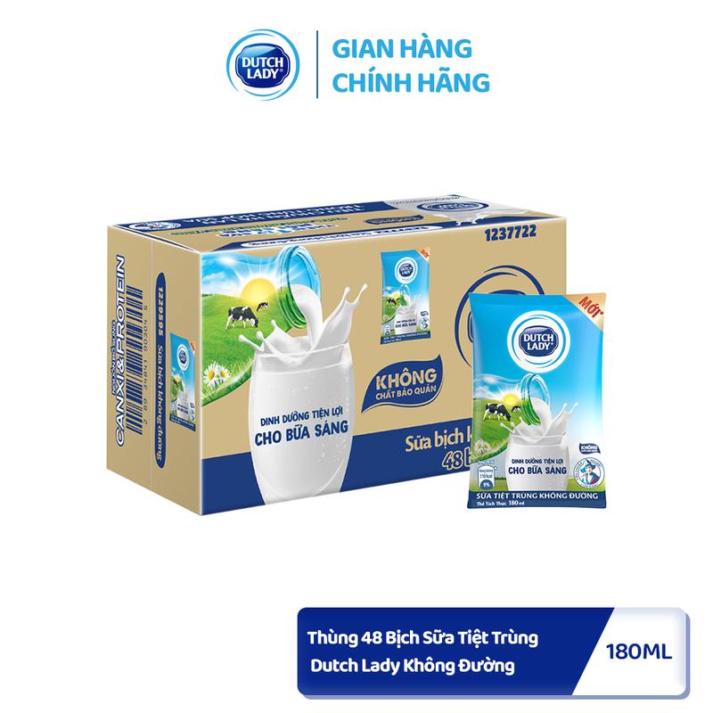 Thùng 48 Bịch Sữa Tiệt Trùng Dutch Lady Cô Gái Hà Lan Không Đường 180ml (48x180ml)