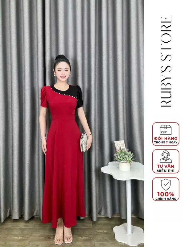 Đầm maxi RUBY thiết kế cao cấp tặng Mẹ thiết kế cổ tròn tay phồng dáng dài xòe đính ngọc trai phối tay kiểu chất mango mềm mát nhiều màu 2