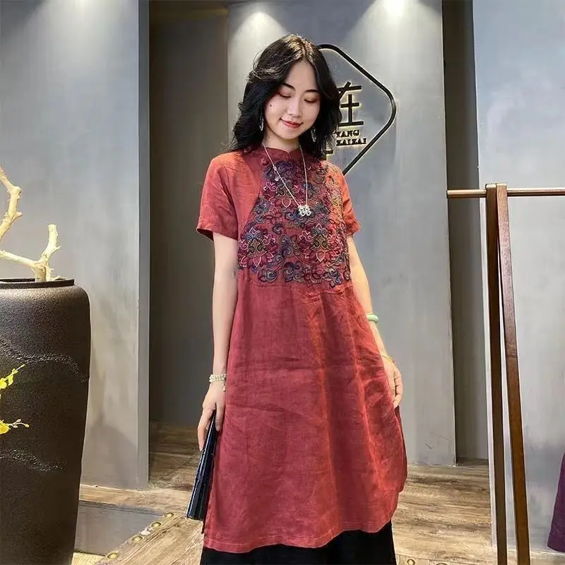 Váy Thêu Cotton Và Vải Lanh, Dài Trung Bình Và ngắn Tay, Phong Cách Dân Tộc, Cổ Điển, Hàng Mới Về Mùa Hè 2022