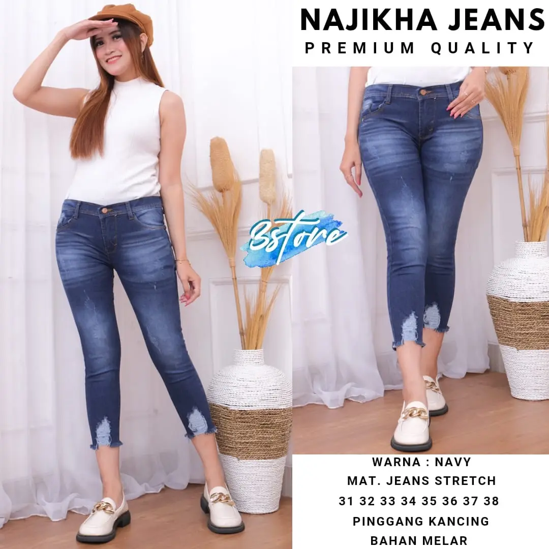 NAJIKHA - Celana jeans wanita 7/9 pinggang kancing