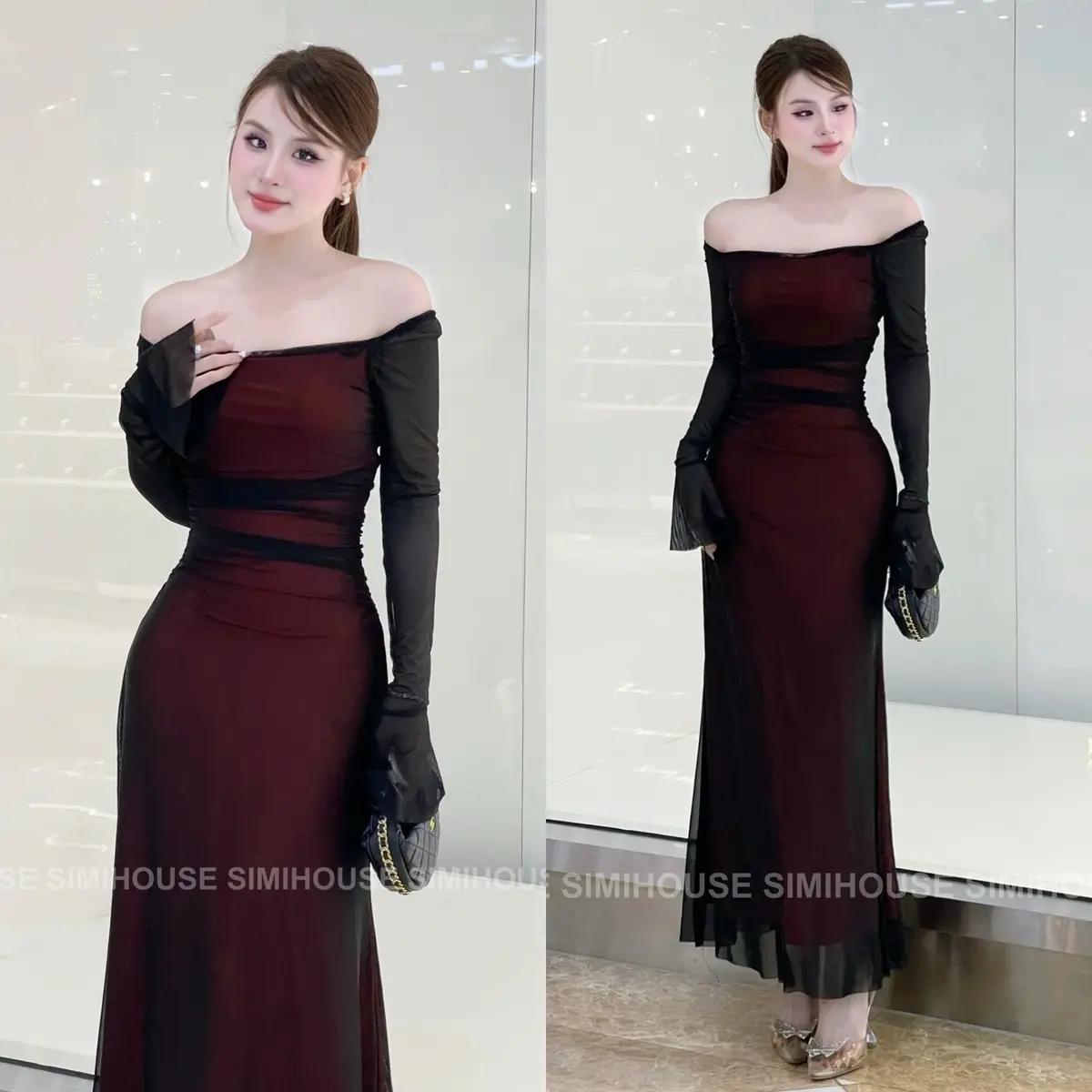 (SIMI HOUSE) VÁY BODY LƯỚI TAY DÀI PHỐI ĐỎ / Đầm body đi tiệc trễ vai lưới phối đỏ sang trọng  Dress Nữ