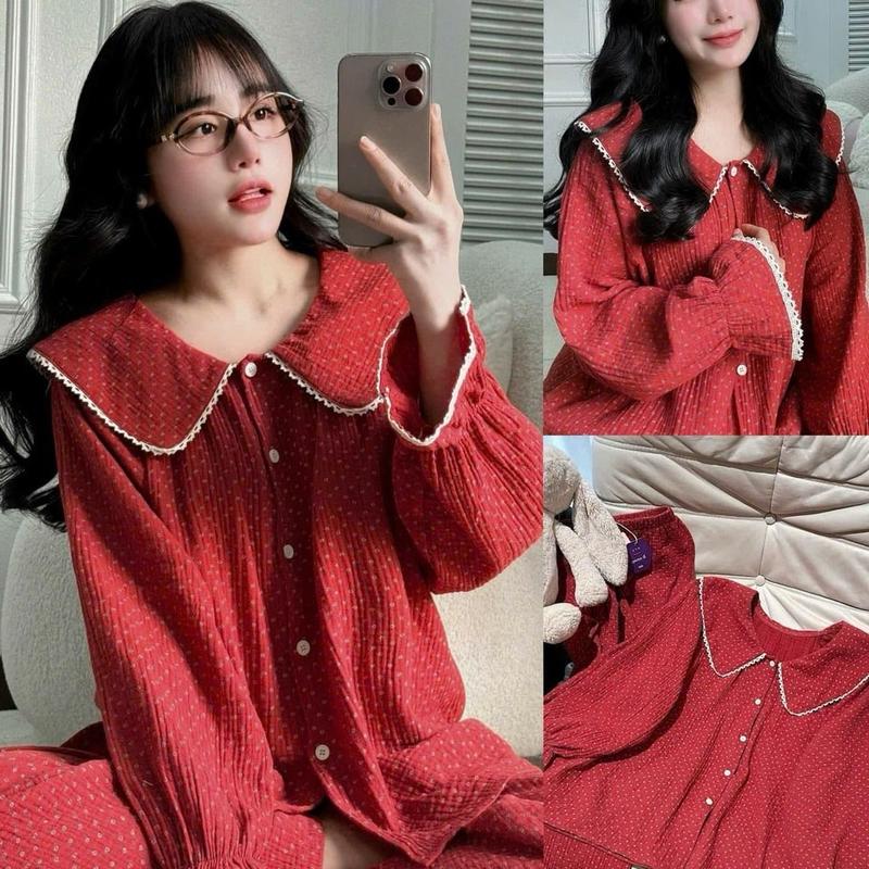 Bộ mặc nhà hoa nhí Cổ Sen viền ren tay bo chun chất Vân mây mềm đẹp DD318 Sammy cho nữ - Quần Ngủ, Women