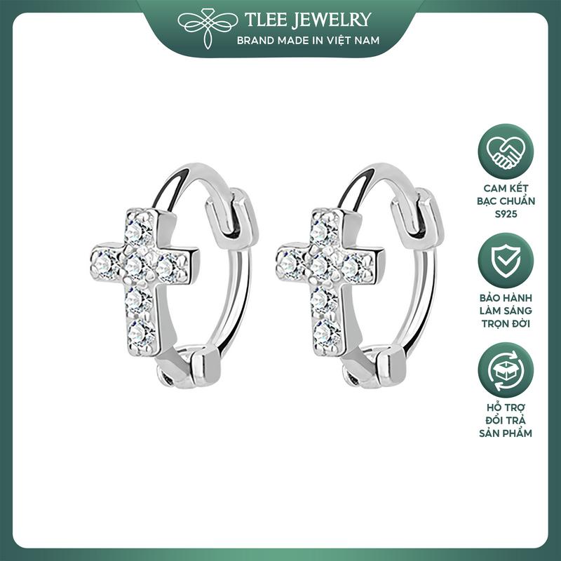 Khuyên tai bạc unisex tròn thánh giá nạm đá mẫu đeo ngắn có chốt bấm TLEE JEWELRY B0141