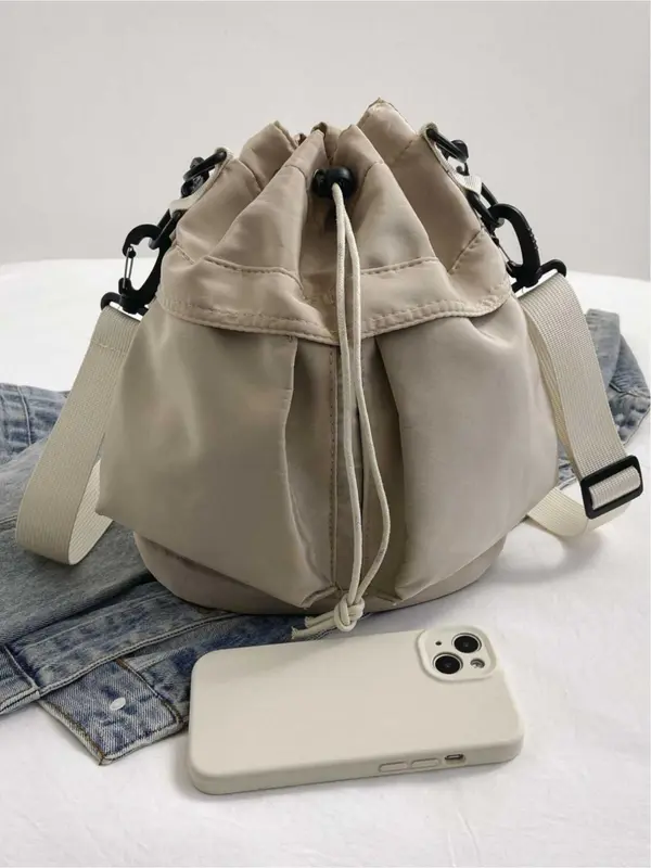 Women's Solid Color Nylon Bucket Bag, Fashionable Lightweight Crossbody Bag with Adjustable Strap, Casual Versatile Sports Bag for Daily Used 8