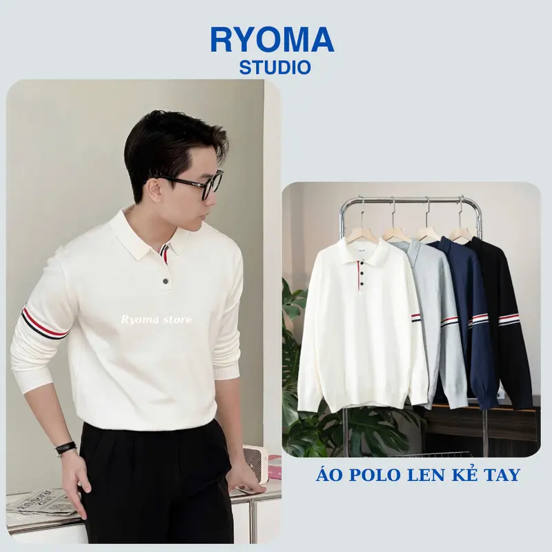 Áo polo dệt kim RYOMA, thiết kế kẻ tay, chất len lông cừu, mềm mịn, sang trọng, lịch sự NHA-10 0