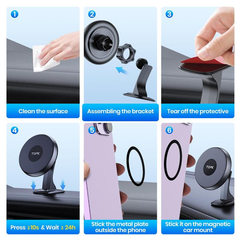 Product Introduction of TOPK Car Dashboard Phone Holder, 360° Rotatable Car Phone Holder with Magnetic Suction, Universal Car Interior Accessories for iPhone 15 14 13 Pro Max 7