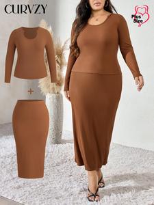 CURVZY Plus Size Two-Piece Set Ribbed Plain Notched Neck Tee & Skirt, Casual Long Sleeve Top & Long Skirt for Daily Outdoor Wear, Women's Two-piece Outfits for Fall