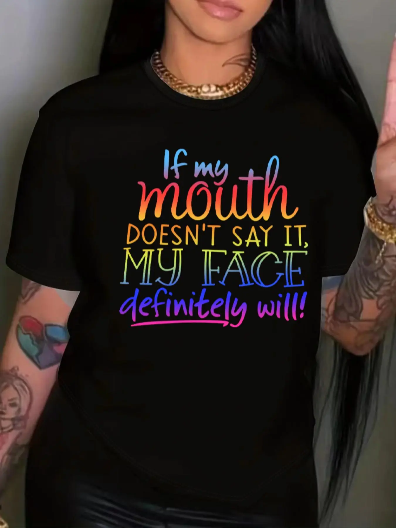 Plus Size Letter Print Round Neck Tee, Fashion Casual Crew Neck Short Sleeve T-shirt for Daily Outdoor Wear, Women Plus Clothing for All Seasons