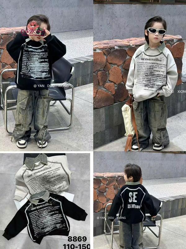 (Có lẻ quần) Bộ Áo Thun rách gấu, áo nỉ ép 2 da cổ Jean kèm quần Jean mềm túi hộp có cúc bấm ngầu cho bé trai JINKIDS từ 8 - 28 kg