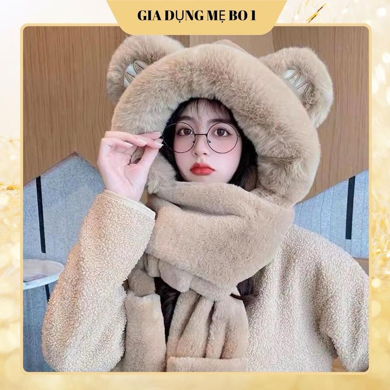 Mũ Lông Kèm Khăn Tai Chữ M CHÌM Trùm Đầu Tai Gấu Kèm Khăn Quàng Cổ Và Bao Tay Mùa Đông Ấm Áp Tai Bèo Women Hoa Cap