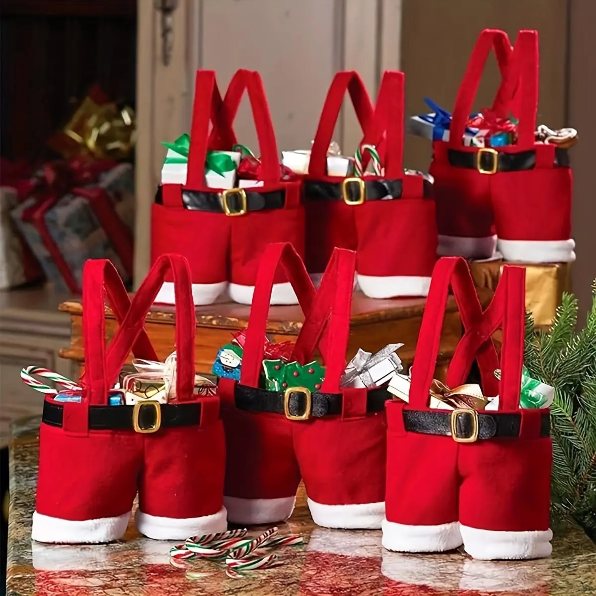 Christmas Santa Claus Design Candy Bag, 6 Counts/set Cute Candy Gift Bag with Handle, Gift Wrapping Supplies for Christmas Party