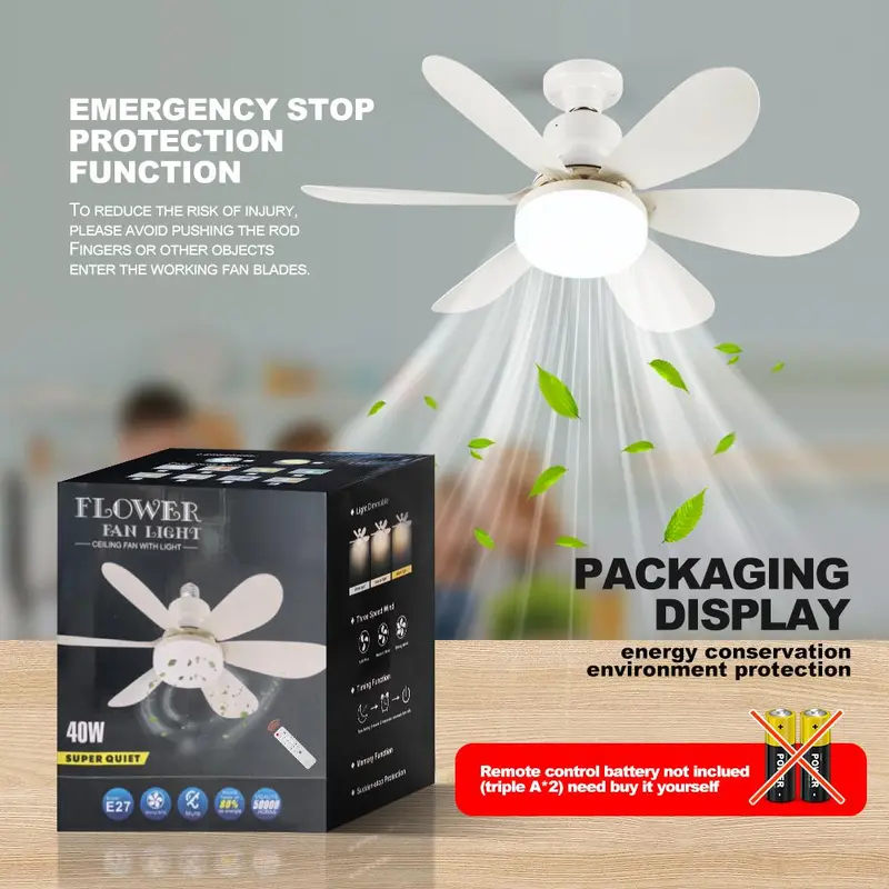 20.5 Inch E27 Fan Light with Remote Control, Silent Strong Wind Fan Light, LED Energy Saving Ceiling Light for Living Room Bedroom Kitchen 4