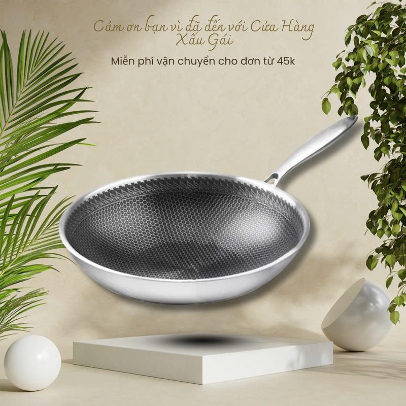 Chảo Inox 3 Lớp Vân Tổ Ong 18cm-28cm-32cm Sâu Lòng 8cm Dùng Tốt Trên Bếp Từ Gas Hồng Ngoại Cấu Trúc Inox 3 Lớp Triply Tay Cầm Inox Đúc Rỗng Sang Trọng