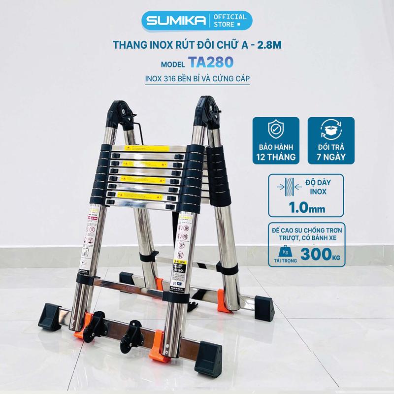 Thang Inox rút đôi SUMIKA TA280, chữ A cao 2.8m